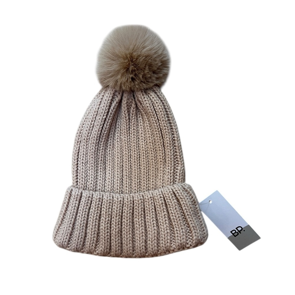 BP Ribbed Knit Tan Faux Fur Pom Pom Beanie Winter Hat OS‎ NWT
